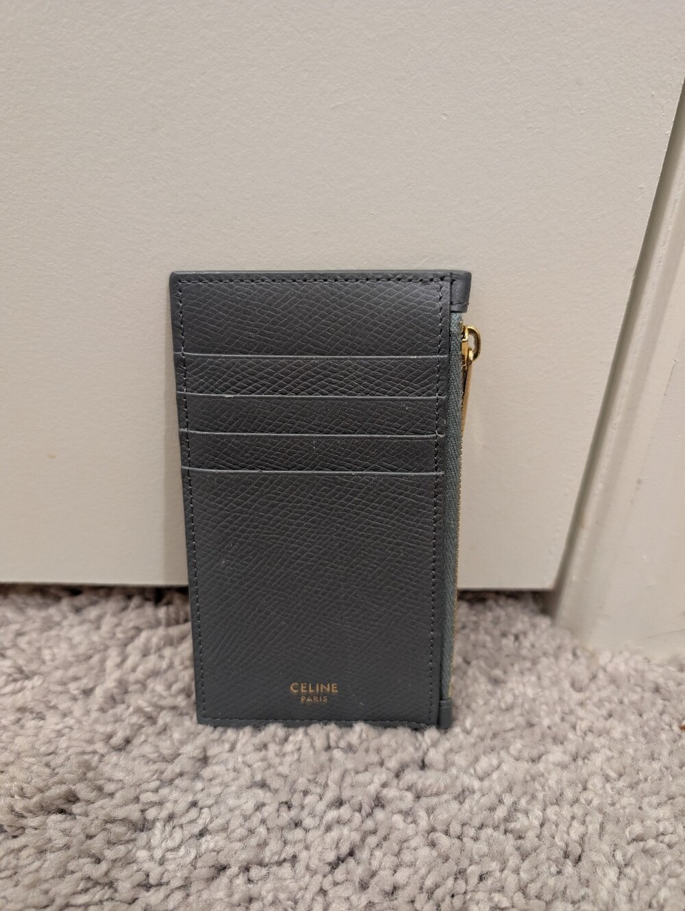 Microchipped Celine Slim Card Holder Wallet in Dark Gray with Gold Zip